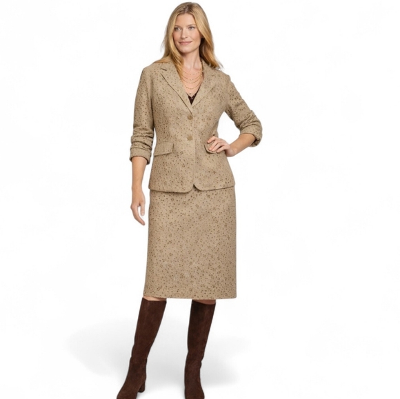 Talbots Dresses & Skirts - TALBOTS Eyelet Skirt Jacket Suit Tan Neutral Business Polished Set 12